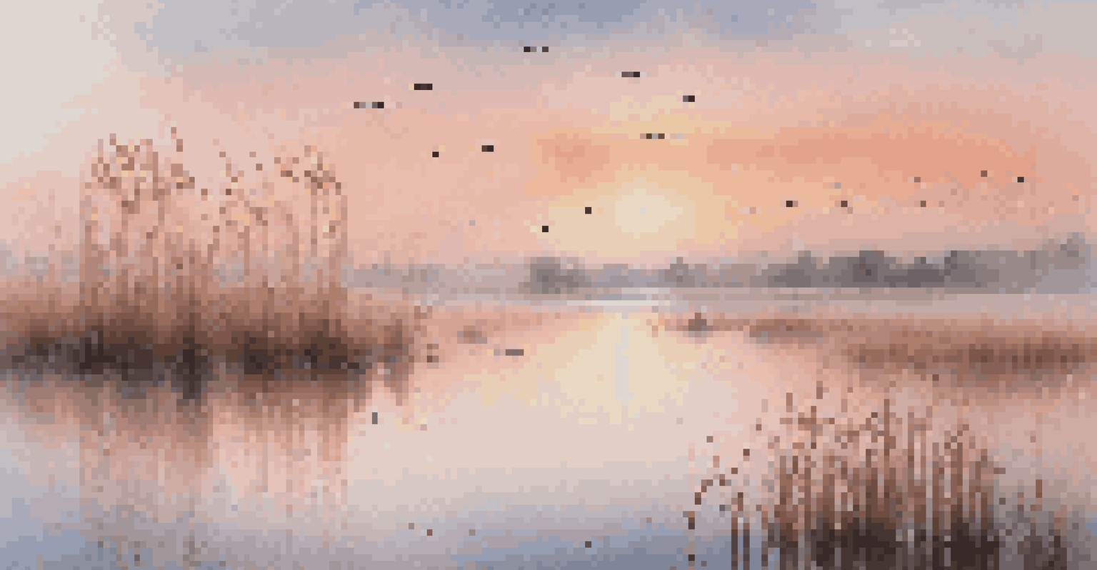 A tranquil wetland at sunrise with mist over the water, birds flying, and a colorful sky.
