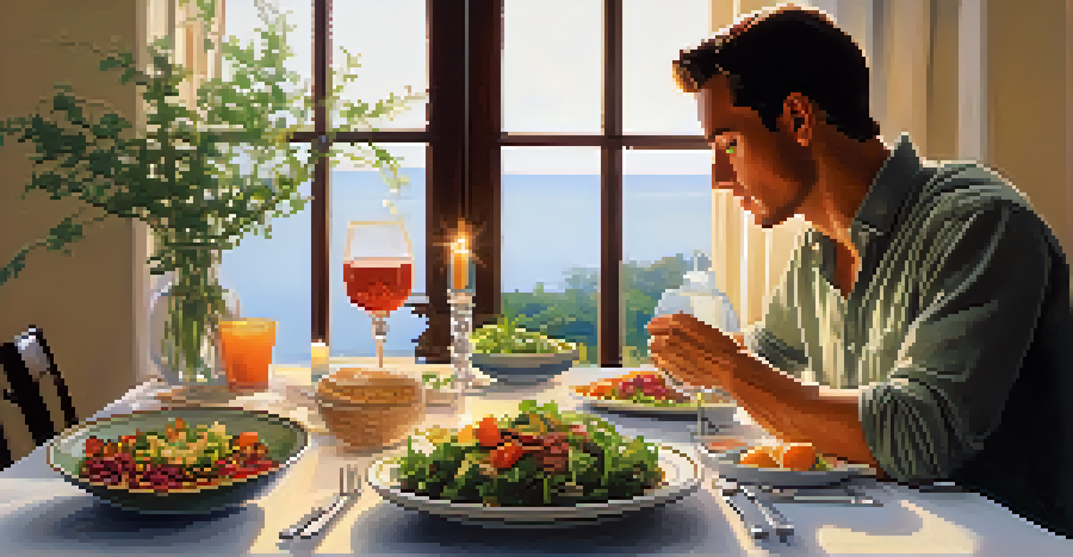 A man practicing mindful eating at a beautifully set table with a colorful salad and a protein-rich dish, illuminated by candlelight.