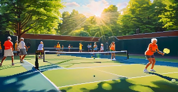 Seniors playing pickleball in a sunny community park, surrounded by trees, with expressions of joy.