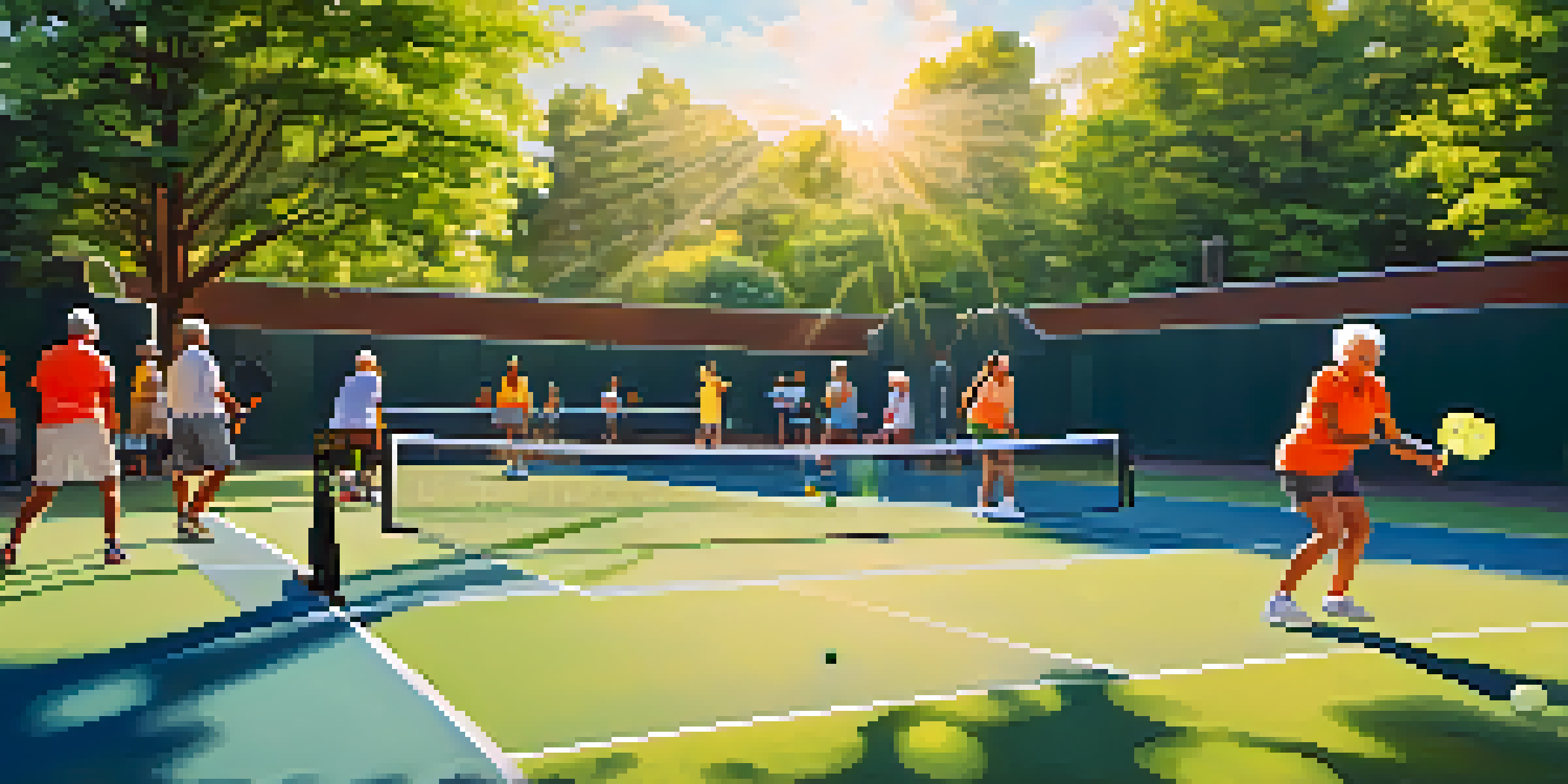Seniors playing pickleball in a sunny community park, surrounded by trees, with expressions of joy.
