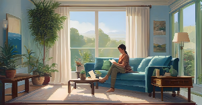 A woman in her 50s reading a book in a cozy, light-filled living room, surrounded by greenery.
