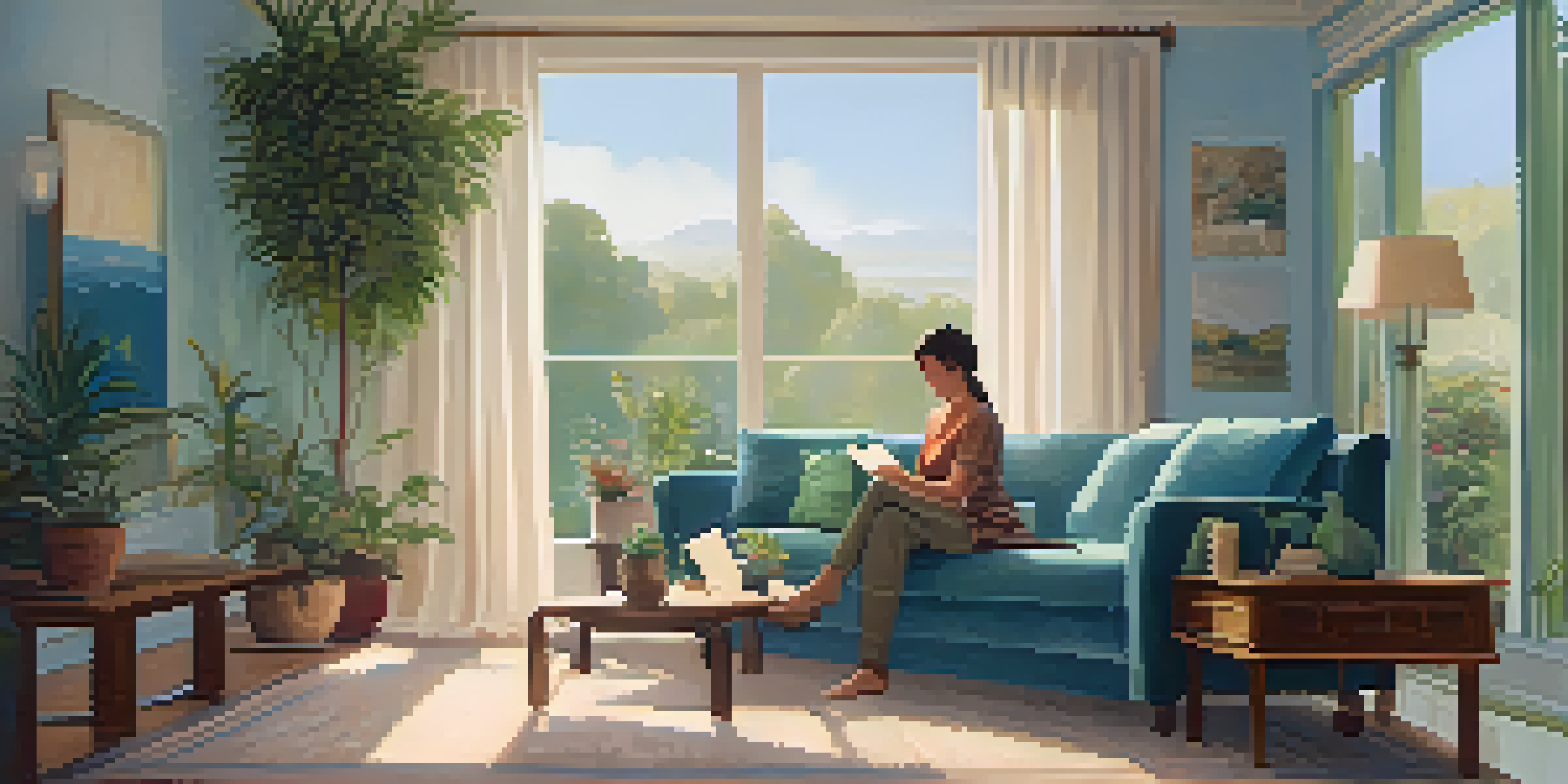 A woman in her 50s reading a book in a cozy, light-filled living room, surrounded by greenery.