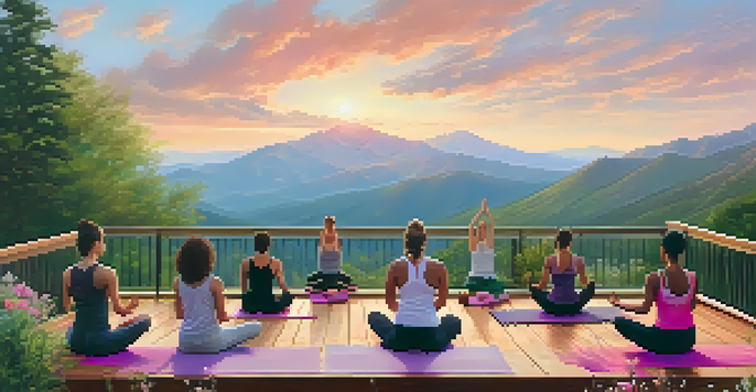 A group of people practicing yoga on a deck with a mountain view at sunrise, surrounded by greenery and wildflowers.