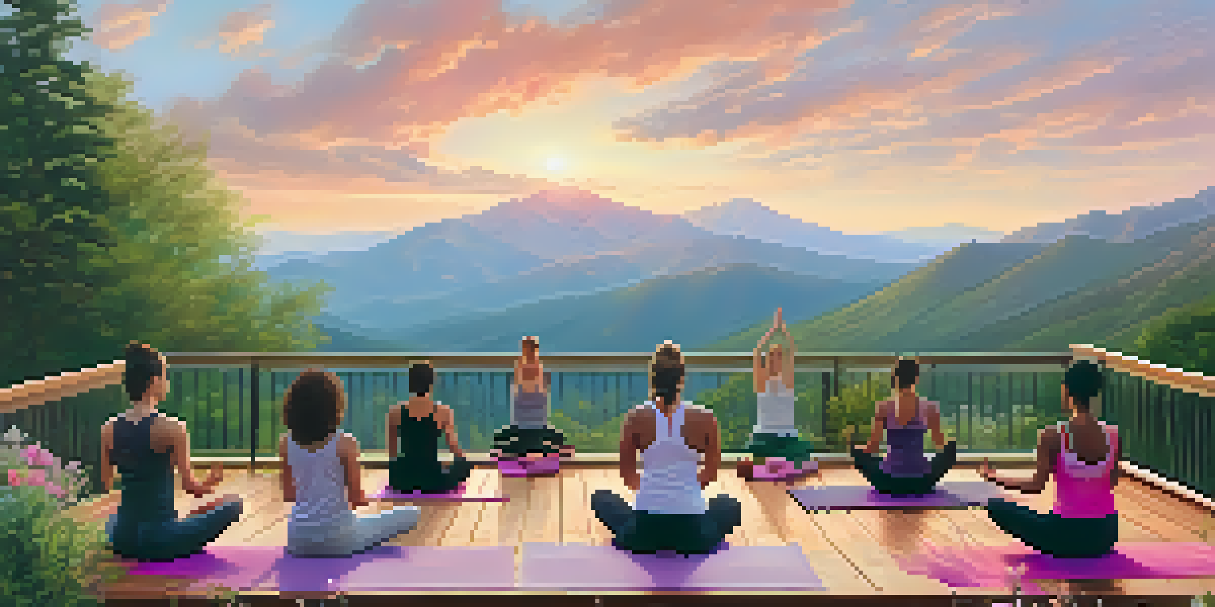 A group of people practicing yoga on a deck with a mountain view at sunrise, surrounded by greenery and wildflowers.