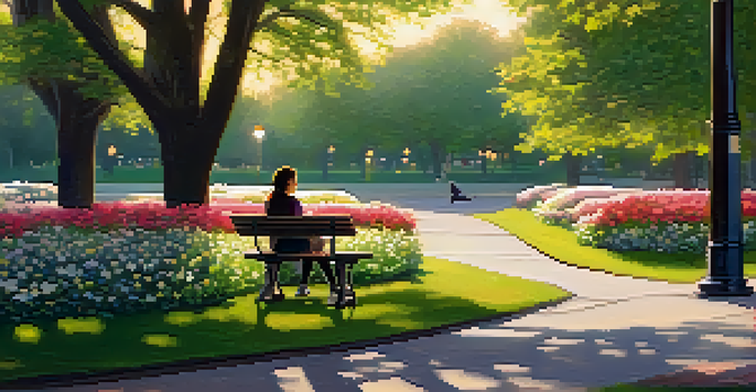A peaceful park scene during golden hour with a person reading a book on a bench, surrounded by trees and flowers, conveying a sense of tranquility.