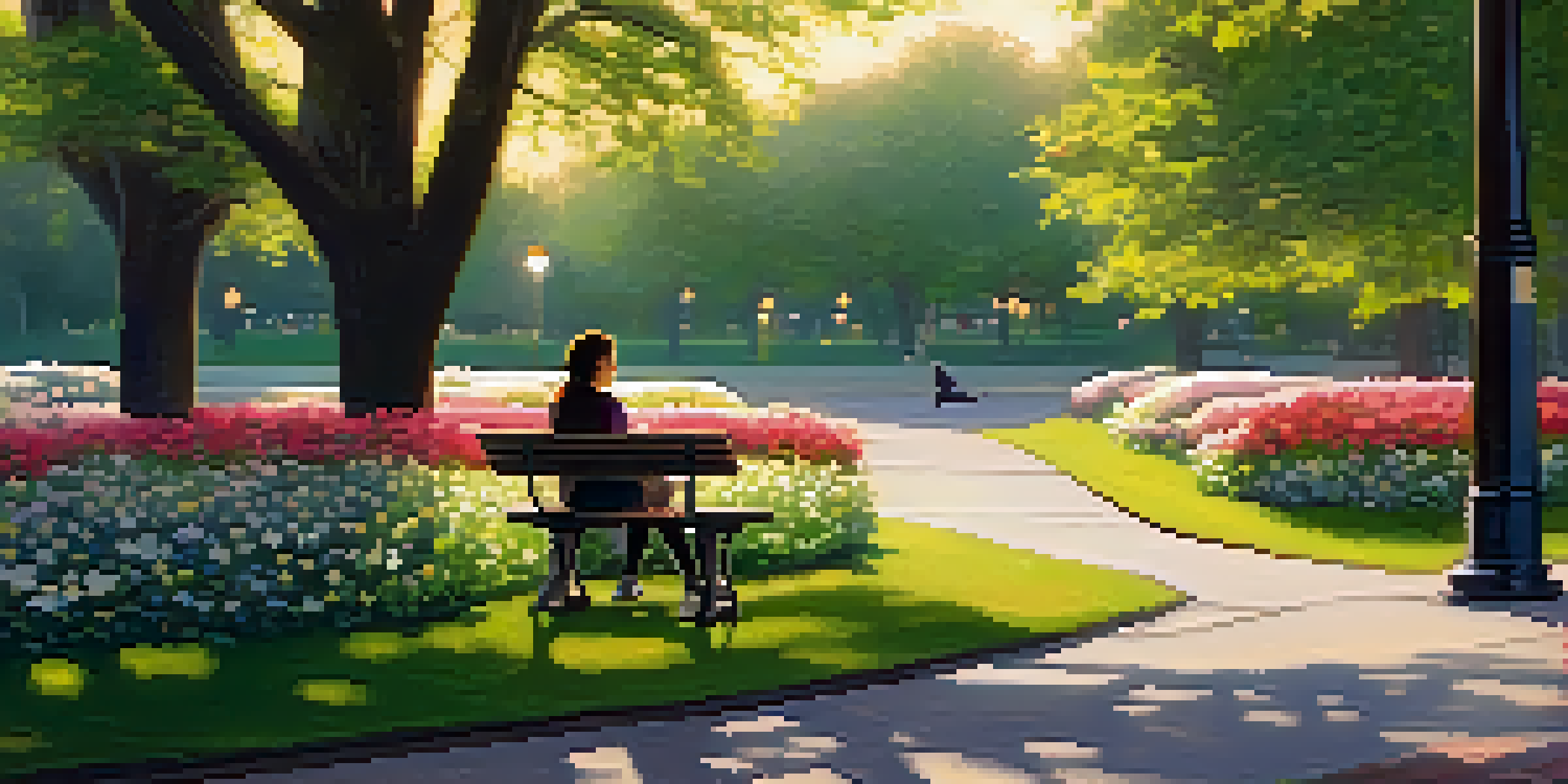 A peaceful park scene during golden hour with a person reading a book on a bench, surrounded by trees and flowers, conveying a sense of tranquility.