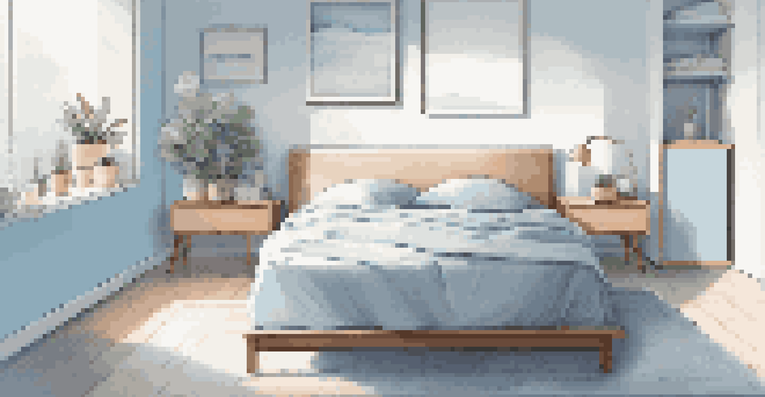 A minimalist tech-free bedroom with a neatly made bed, a potted plant, and a calming color palette, promoting tranquility.