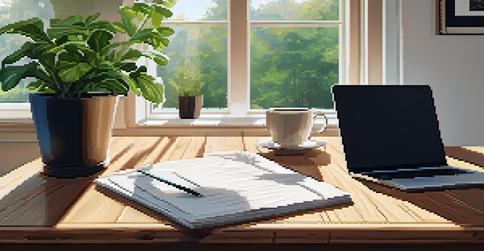 A warm and inviting home office setup with a desk, laptop, and coffee, illuminated by natural light.