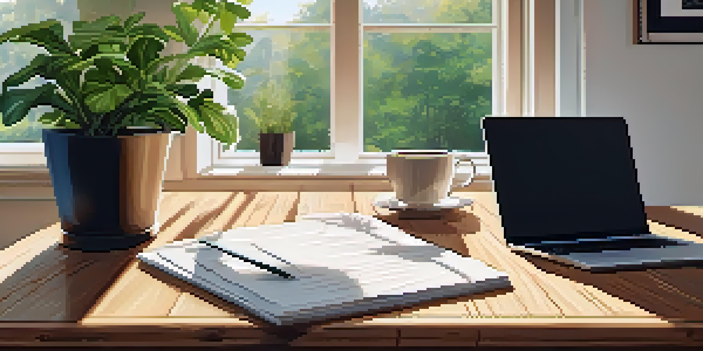 A warm and inviting home office setup with a desk, laptop, and coffee, illuminated by natural light.
