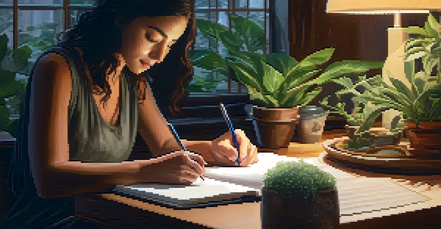 A person journaling at a wooden table in a cozy indoor space, surrounded by plants, writing affirmations and enjoying tea.