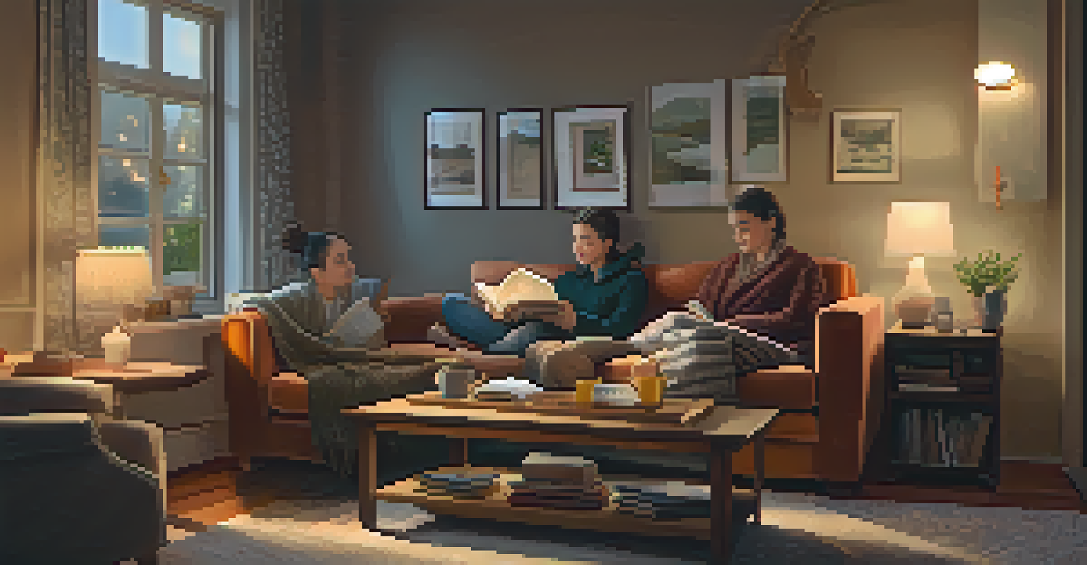 A couple cuddling on a sofa in a cozy living room, sharing a book under a warm blanket.