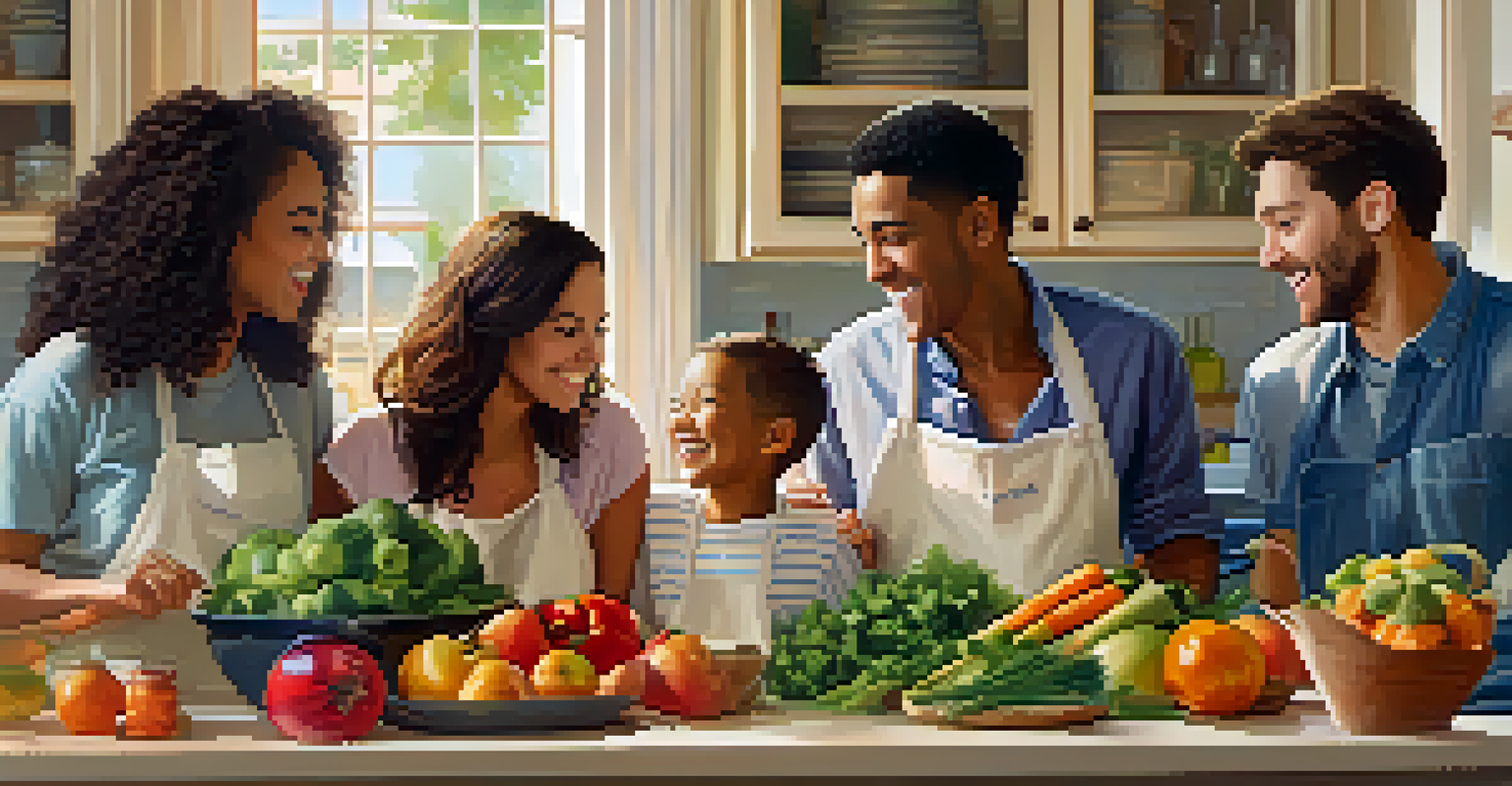 Friends cooking together in a bright kitchen, sharing laughs and recipes.