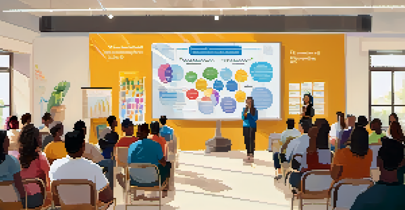 A community workshop with a speaker discussing vaccination benefits for mental health, with an engaged audience and visual aids in the background.