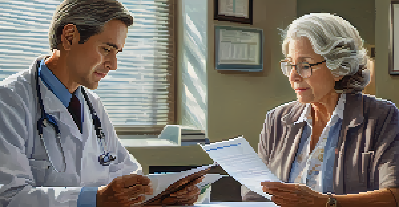 An elderly woman discussing her lab results with a healthcare provider in a doctor's office, both engaged in conversation.
