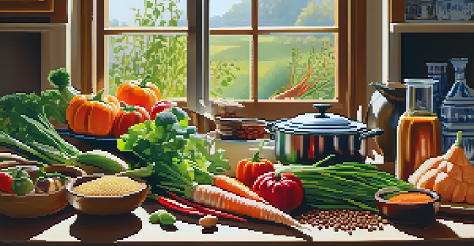 A bright kitchen filled with colorful fresh vegetables and grains, with a pot of soup on the stove and sunlight streaming through the window.