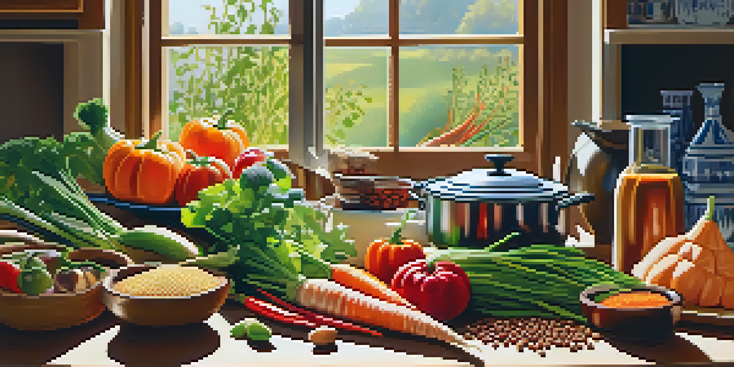 A bright kitchen filled with colorful fresh vegetables and grains, with a pot of soup on the stove and sunlight streaming through the window.