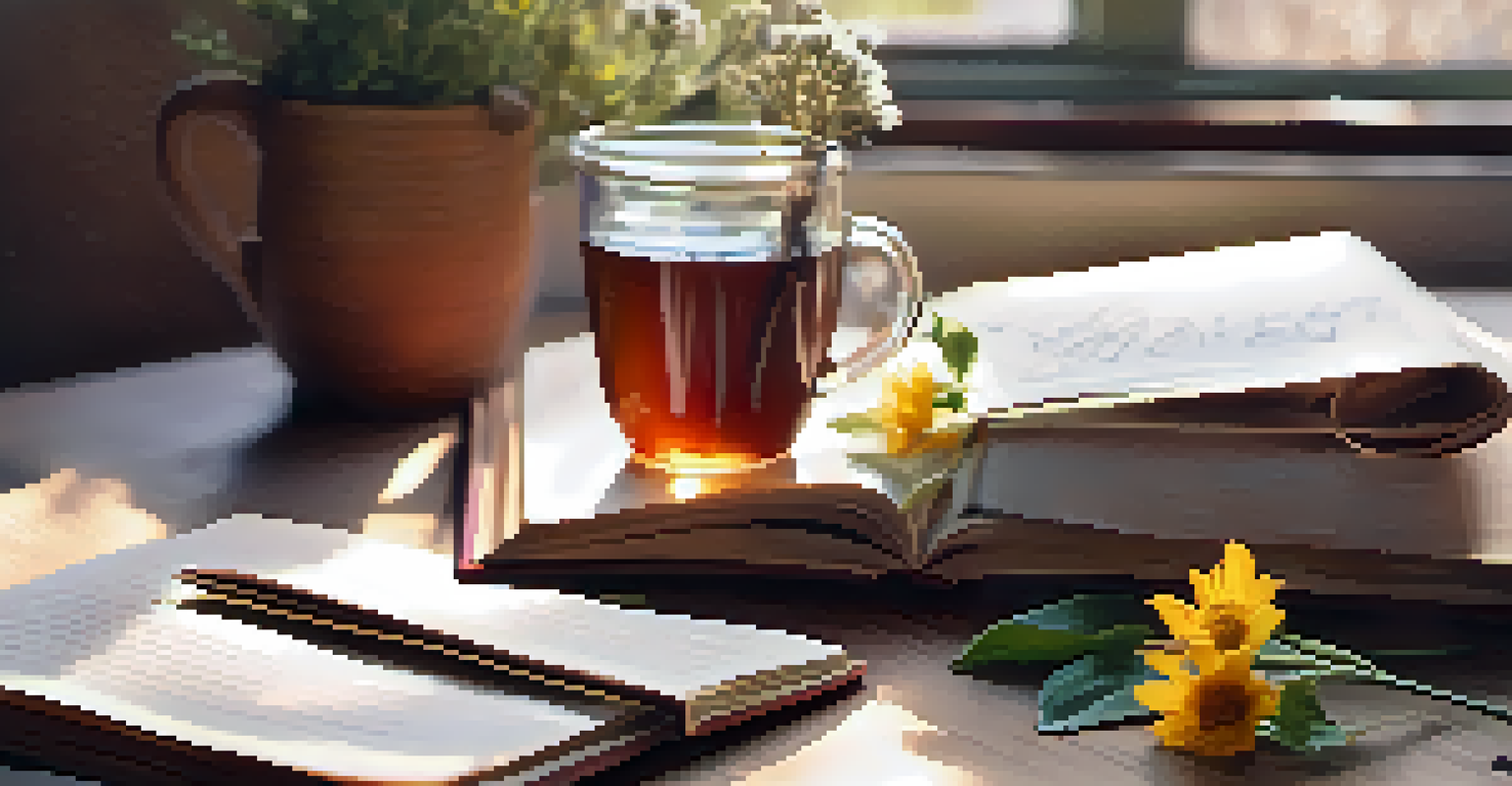 A gratitude journal on a table with a cup of tea and flowers, showcasing handwritten notes.