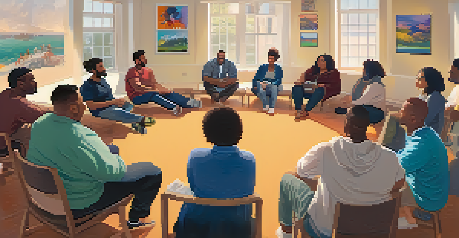A supportive discussion circle about mental health with diverse individuals in a bright room.