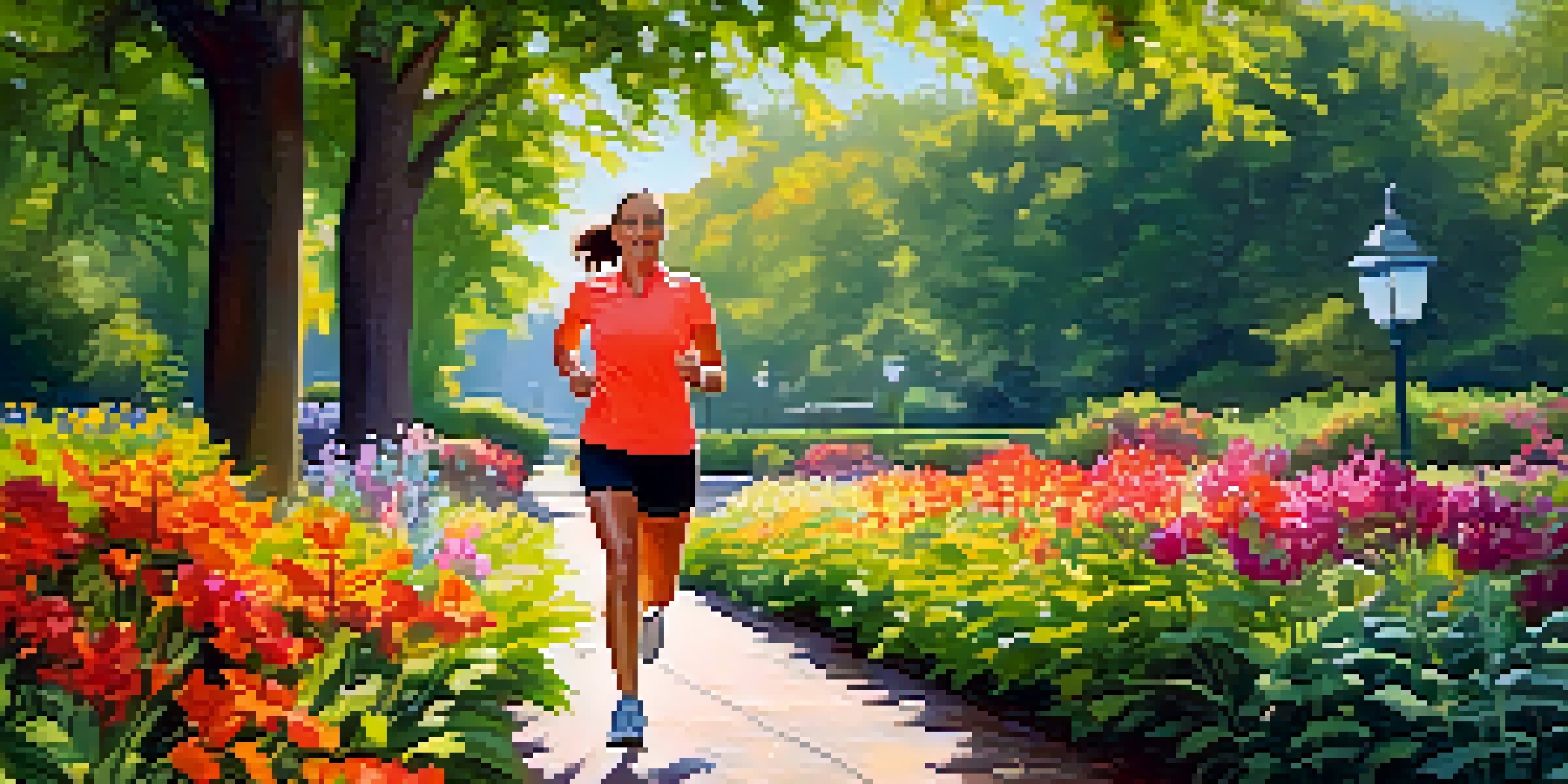 A middle-aged person jogging in a sunny park, surrounded by greenery and flowers, showcasing the vitality of exercise.