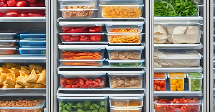 An organized freezer displaying colorful and healthy meals in clear containers, with labels for easy identification.