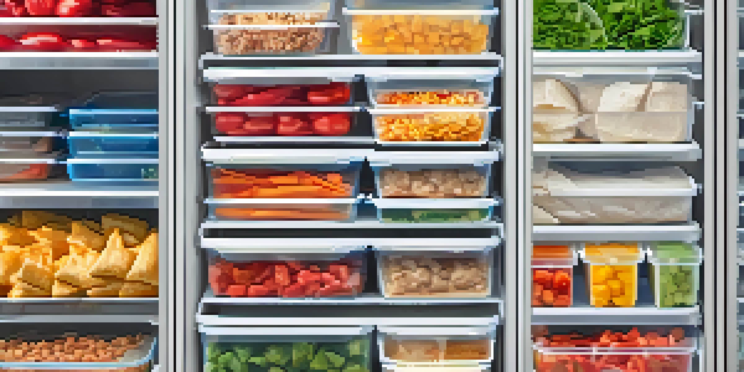 An organized freezer displaying colorful and healthy meals in clear containers, with labels for easy identification.