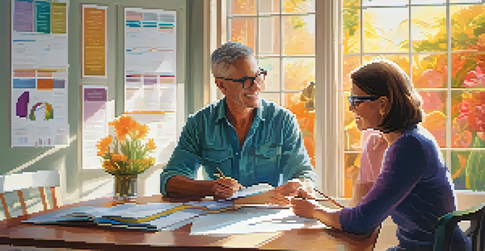 A health coach and a client discussing health plans at a table in a sunlit room, with charts and notes present.