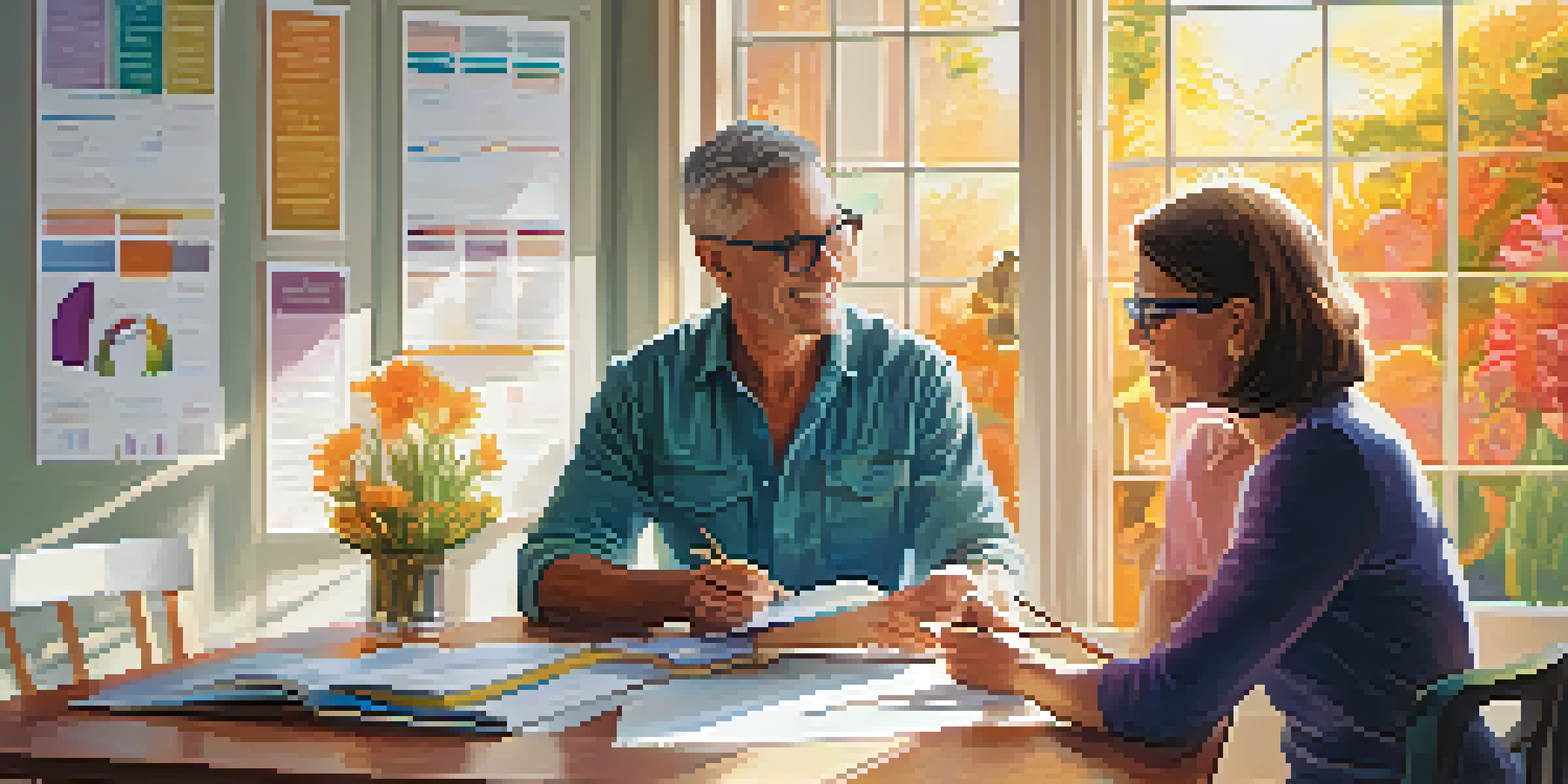 A health coach and a client discussing health plans at a table in a sunlit room, with charts and notes present.