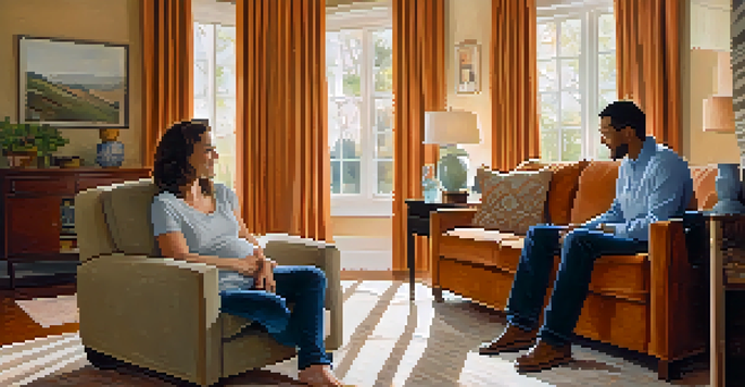 New parents in a cozy living room, with a mother cradling a newborn and a father sitting nearby, both surrounded by a warm and nurturing environment.