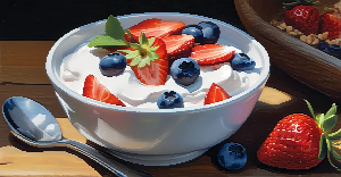 A bowl of yogurt with fresh strawberries and blueberries on a wooden table.