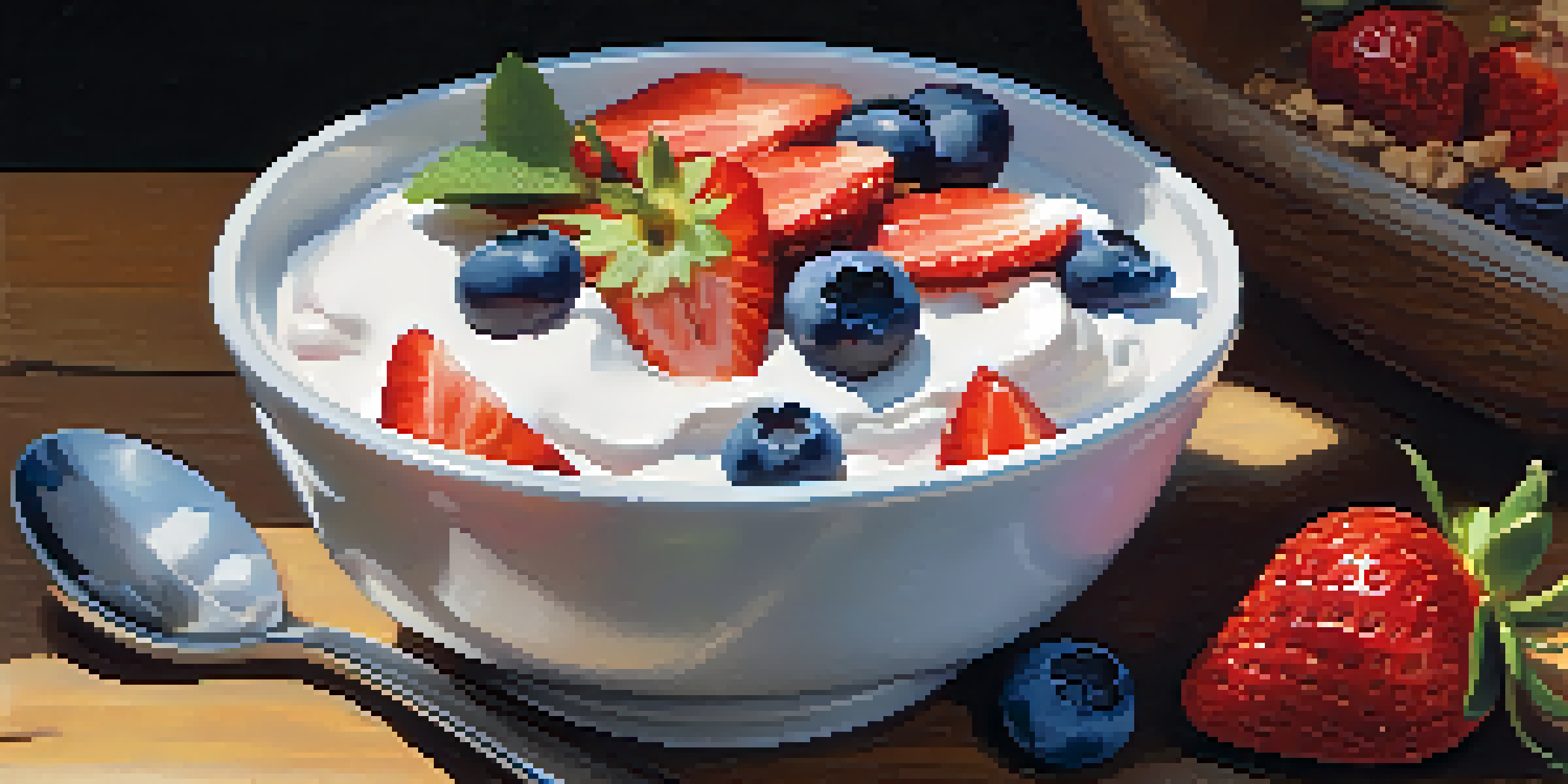 A bowl of yogurt with fresh strawberries and blueberries on a wooden table.
