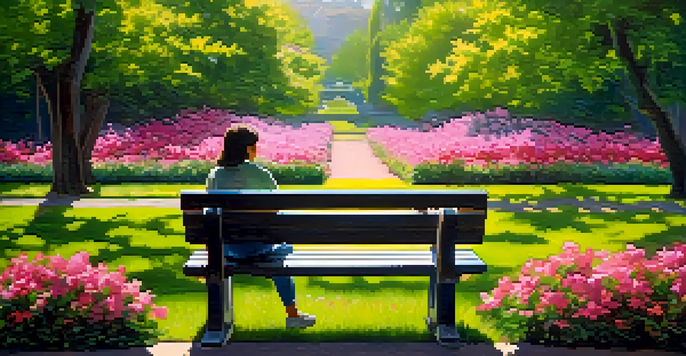 A person practicing mindfulness on a park bench amidst colorful flowers and greenery, with sunlight shining through the trees.