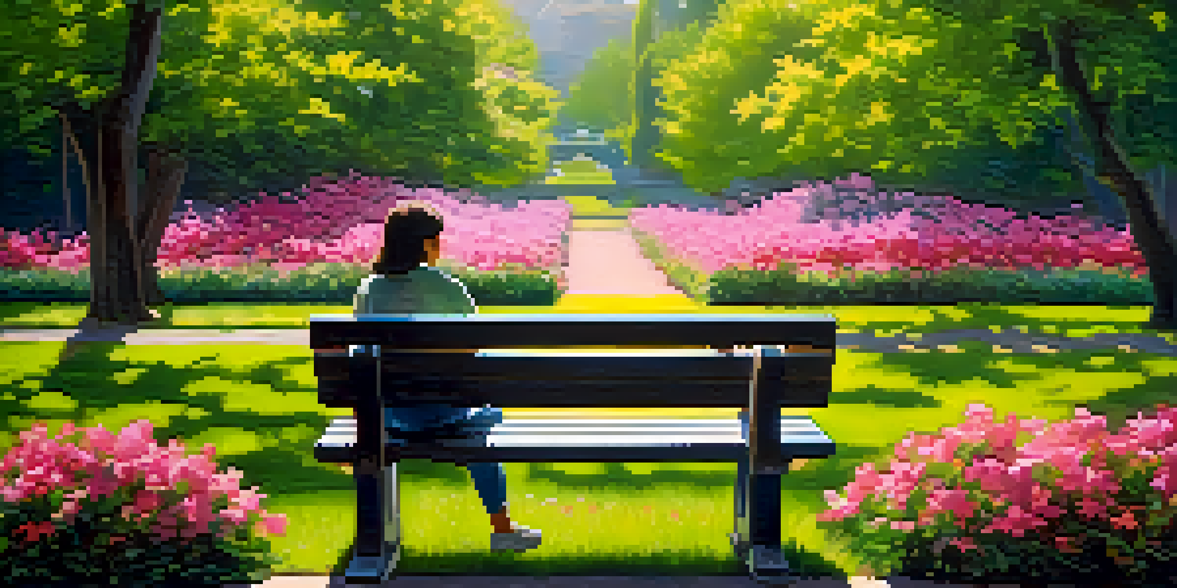 A person practicing mindfulness on a park bench amidst colorful flowers and greenery, with sunlight shining through the trees.