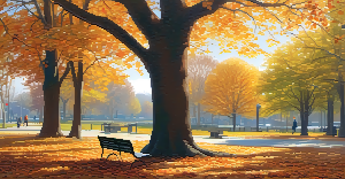 A peaceful park scene in autumn with a person reading on a bench surrounded by falling leaves.