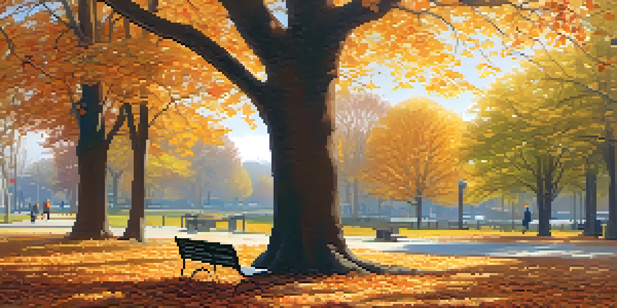 A peaceful park scene in autumn with a person reading on a bench surrounded by falling leaves.