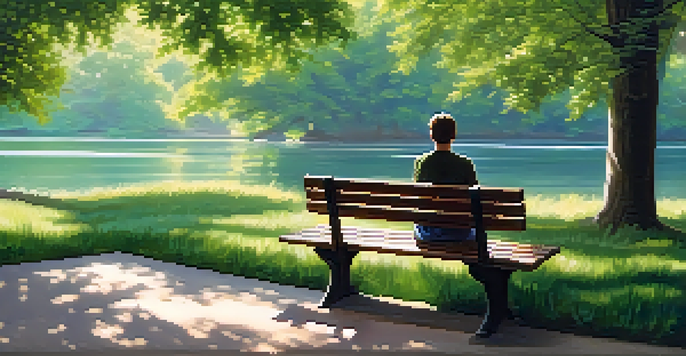 An individual sitting on a park bench, practicing mindfulness with eyes closed, surrounded by greenery and a pond.