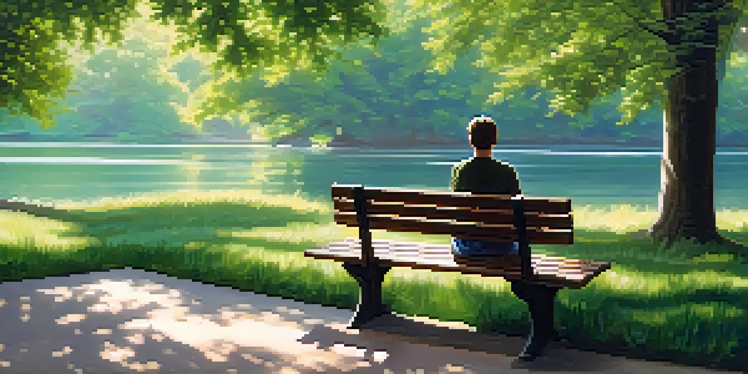 An individual sitting on a park bench, practicing mindfulness with eyes closed, surrounded by greenery and a pond.