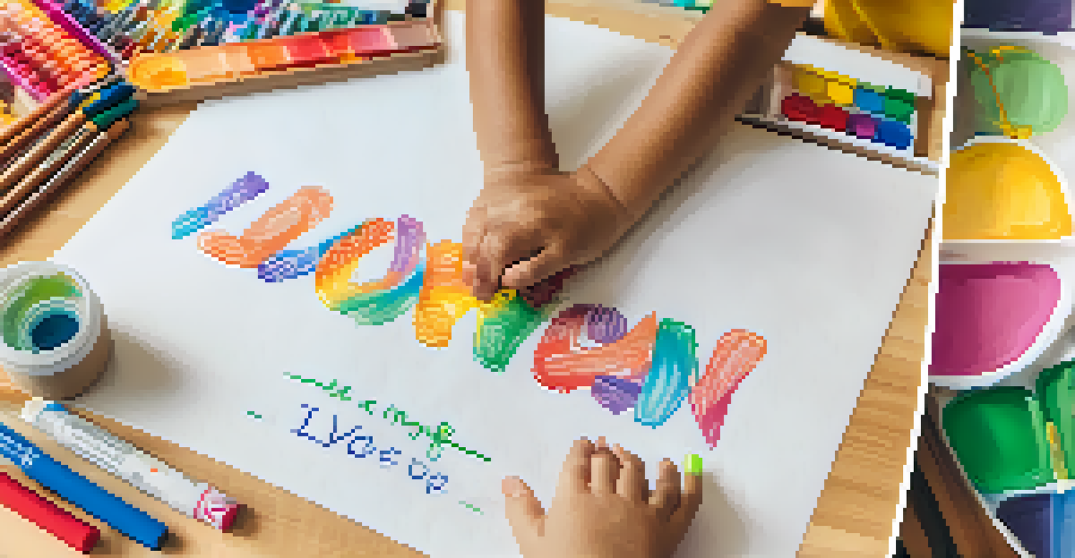 A child's hands are drawing on a large poster with colorful markers, writing positive affirmations. The background shows an art-filled room with bright colors.