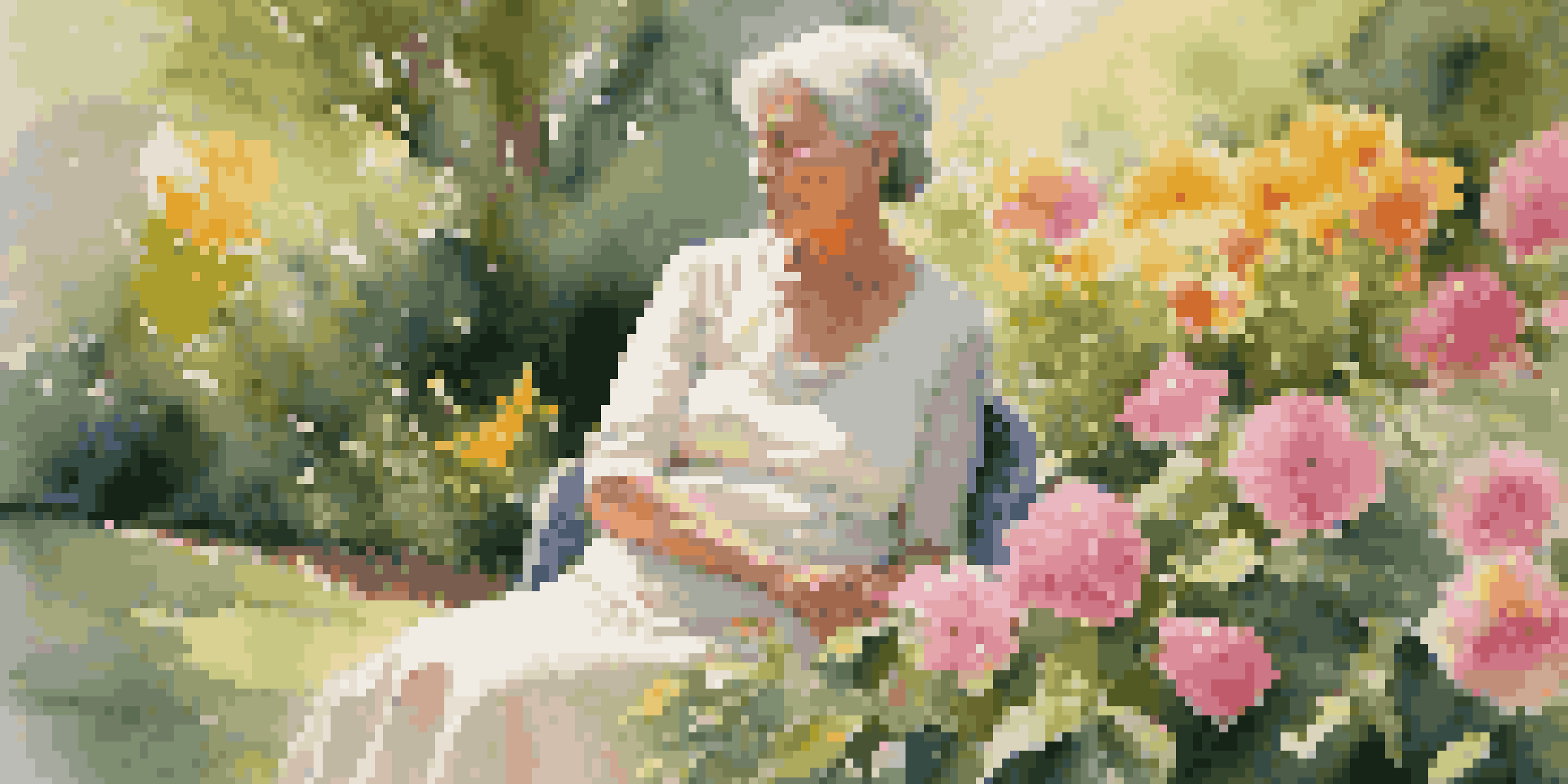 A mature woman in a sunlit garden surrounded by colorful flowers, looking thoughtfully into the distance.