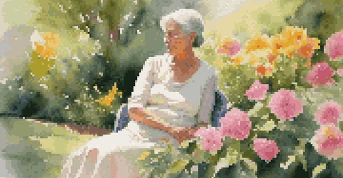 A mature woman in a sunlit garden surrounded by colorful flowers, looking thoughtfully into the distance.