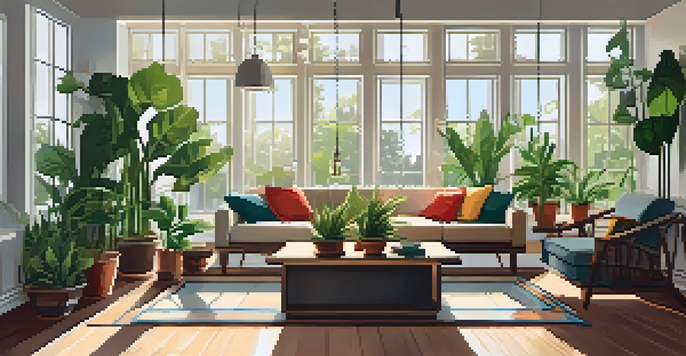 A living room decorated with indoor plants, sunlight filtering through a window, and a cozy sofa.