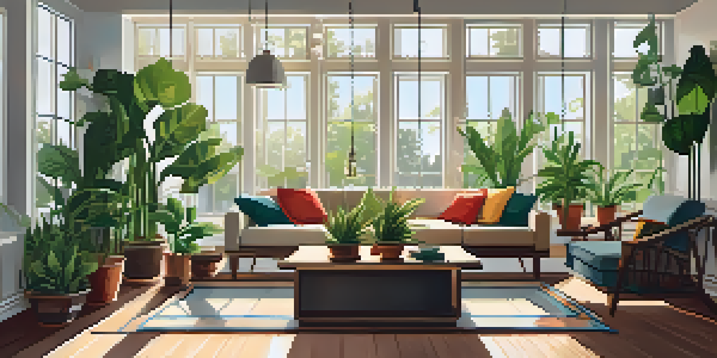 A living room decorated with indoor plants, sunlight filtering through a window, and a cozy sofa.
