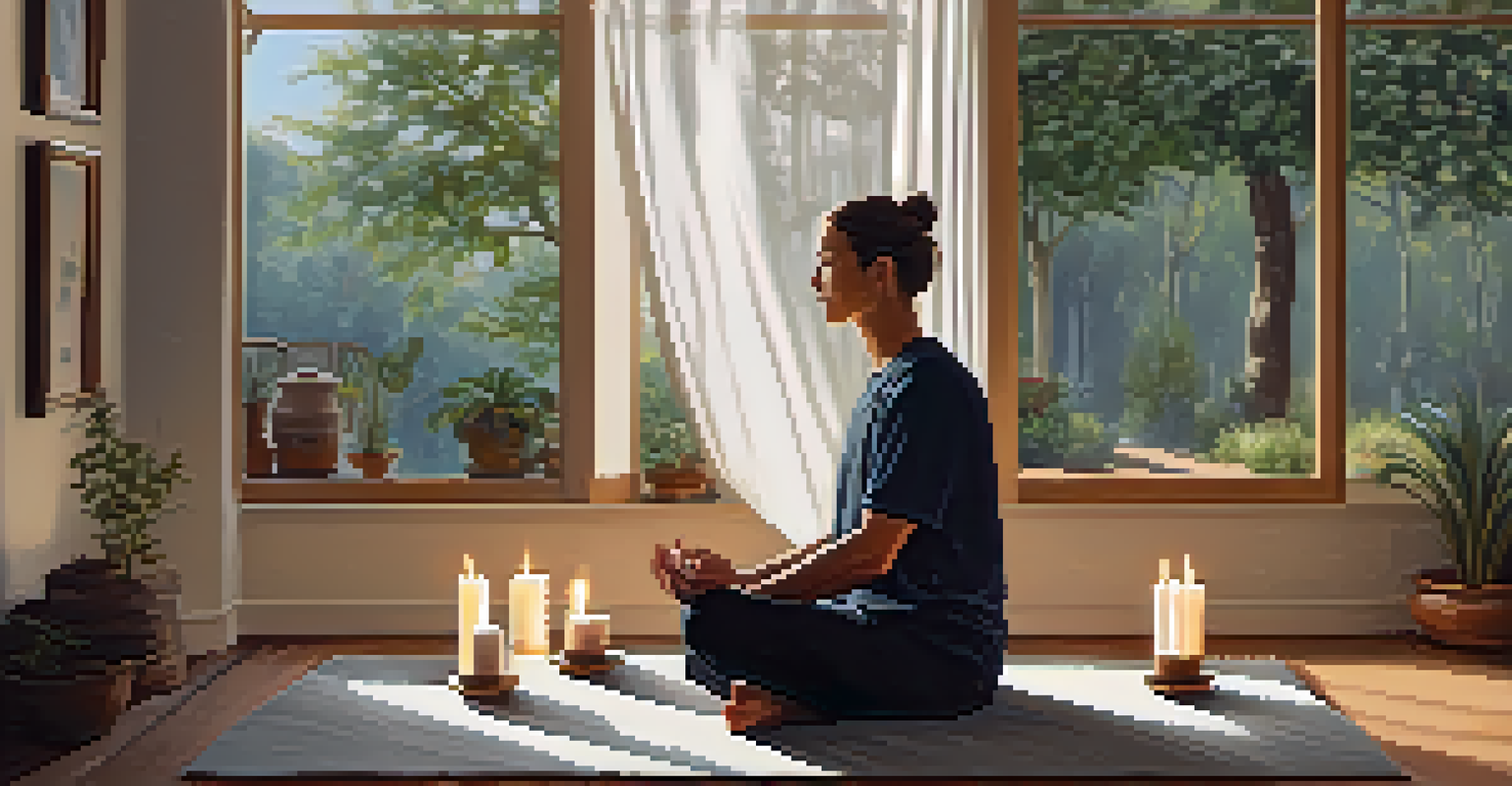 A person practicing mindfulness meditation in a tranquil home setting, surrounded by soft lighting and calming elements.