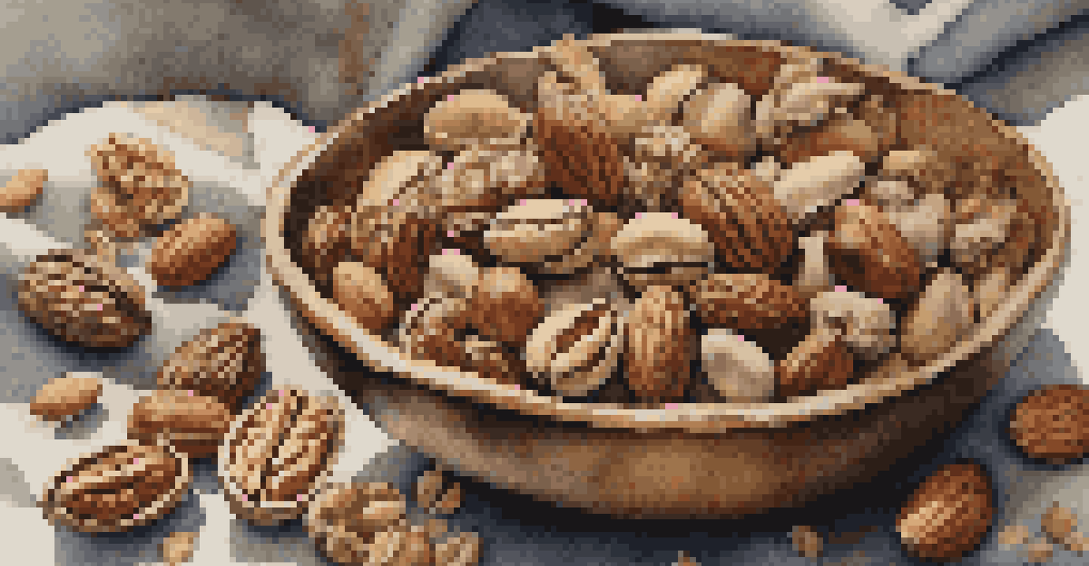 A close-up of a bowl filled with various nuts and seeds on a textured fabric.