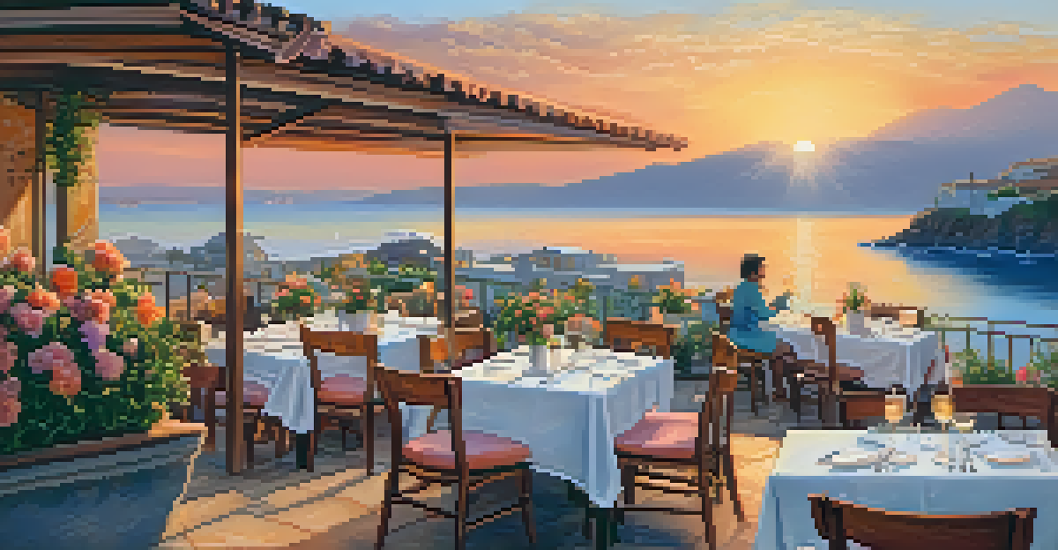 A picturesque sunset at a Mediterranean seaside restaurant with people sharing meals and a colorful sky.