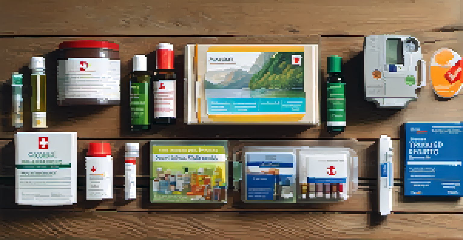 A neatly arranged travel health kit on a wooden table, showcasing first-aid supplies and medications next to a travel guidebook.