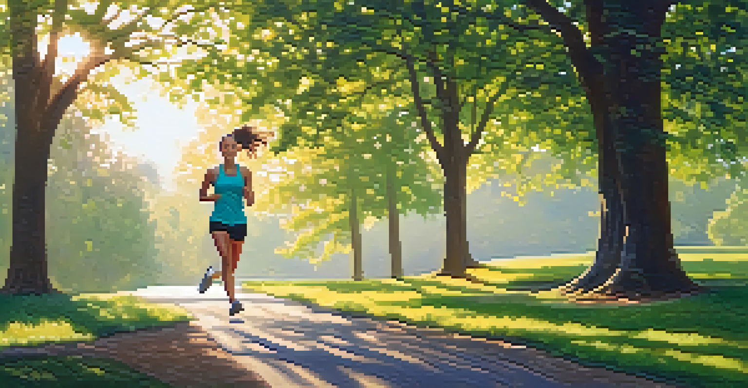A joyful person jogging in a park at sunrise, surrounded by lush trees and soft morning light, embodying health and vitality.