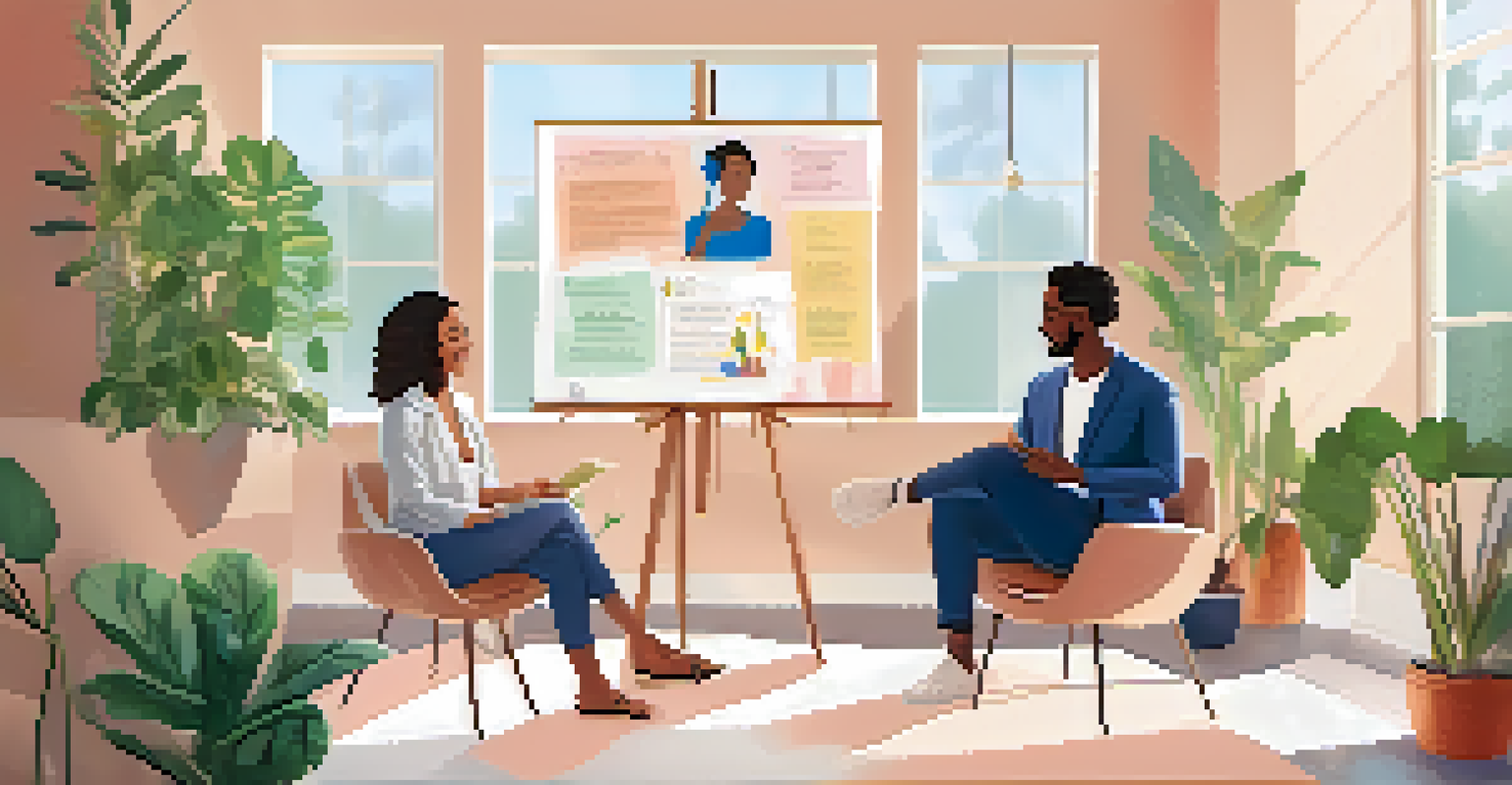 A wellness coach and a client discussing goals in a bright room with plants and a whiteboard.