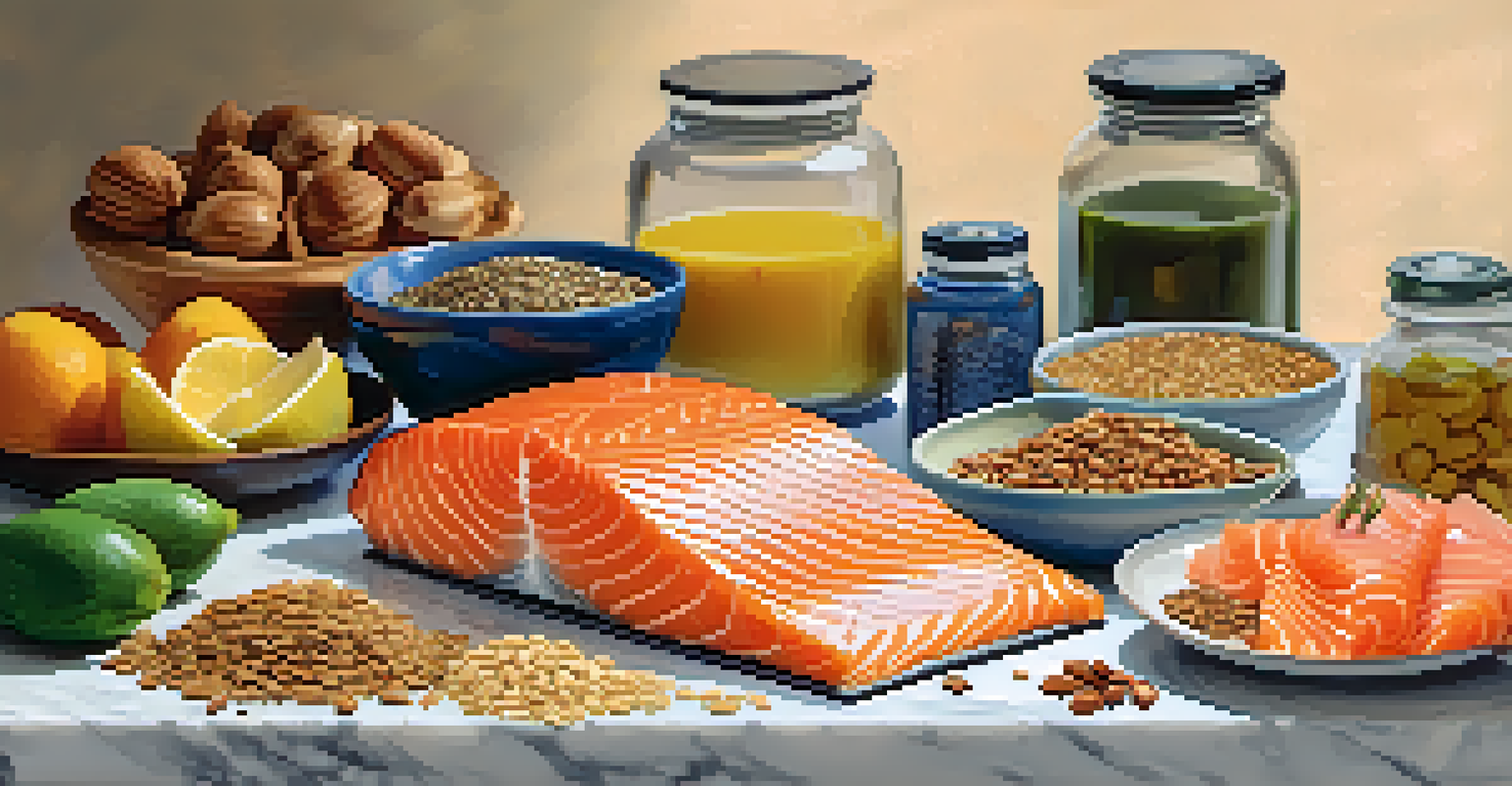 A collection of omega-3 rich foods including salmon, walnuts, and flaxseeds on a marble countertop with bright lighting.