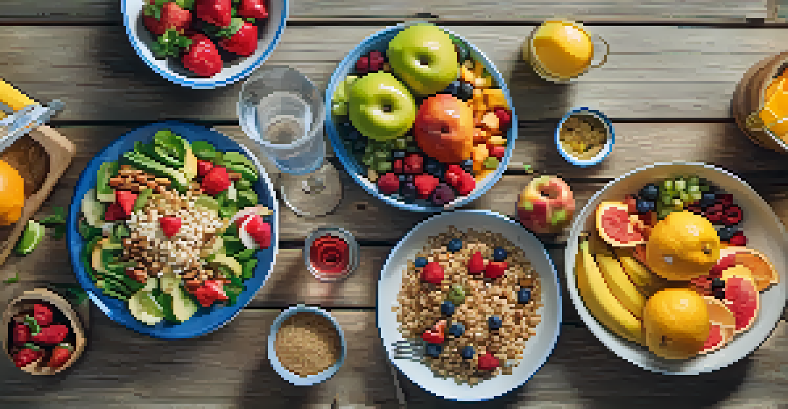 An overhead view of a healthy meal with colorful fruits and vegetables on a wooden table.