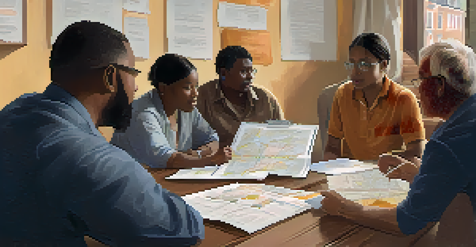 A local leader presenting to a group of attentive community members in a well-lit room, with charts and maps on the walls.